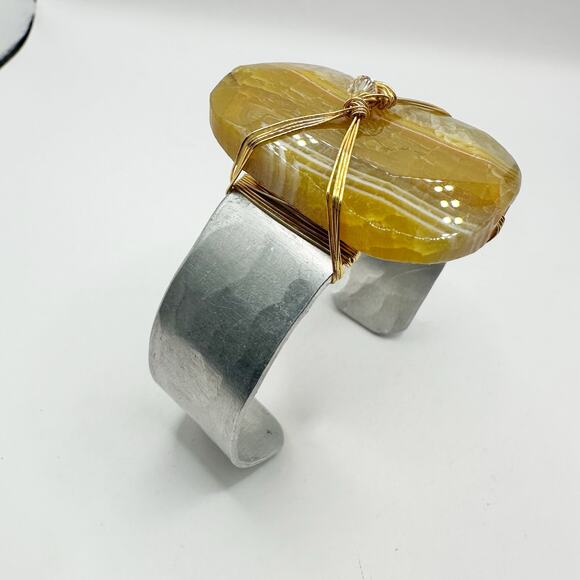 Golden Calcite Cuff Bracelet Wrapped Chunky Stone Boho Modern Silver tone - Picture 6 of 10